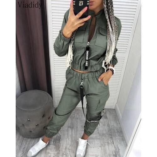 Women Long Sleeve Pockets Zipper Design Ruched Coat & Cargo Pants Sets