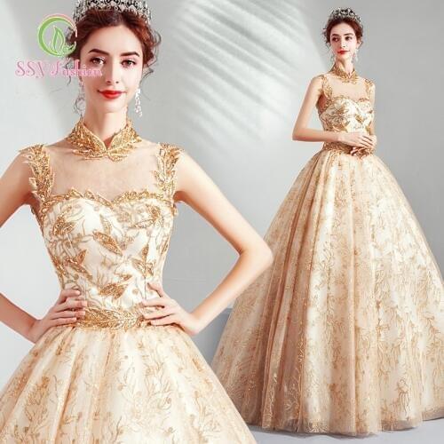 SSYfashion Sleeveless Lace Up Back Floor-Length Ball Gown Golden Wedding Dress Luxury Custom Size Bride Dress Vestido De Novia