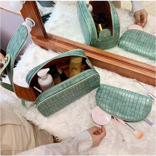 2Pcs/Set Quality Leather Cosmetic Bag Women Extra Large Travel Storage Bag Double Zipper Black Toiletry Bags Designer Makeup Bag