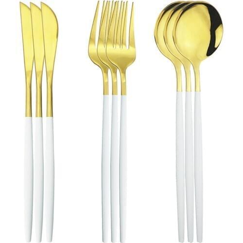 9pcs Cutlery Set Dinner White Gold Knife Fork Spoons Dinnerware Set Stainless Steel Tableware Set Home Party Kitchen Silverware