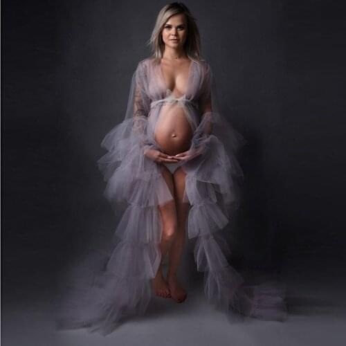 Maternity Shoot Gray Prom Dresses Robes For Women Sheer Long Sleeve With Ruffles Tiered Prom Gowns Tulle abiye vestido de fiesta