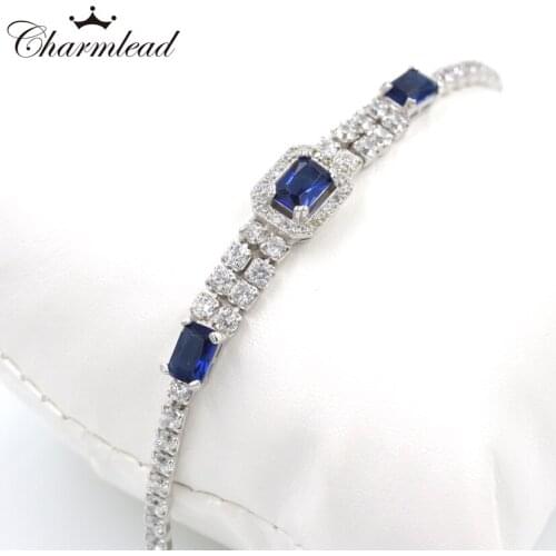 Charmlead Sterling silver 925 Link Chain CZ Bracelet Blue Cubic Zirconia Crystal Charm Bracelets Fashion Party Jewelry For Women