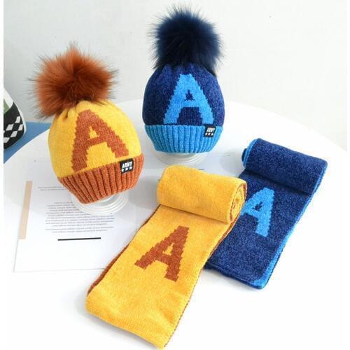 Children boys girls kid letters color matching headgear big hair ball baby autumn winter headgear warm knit suit 2MZ23
