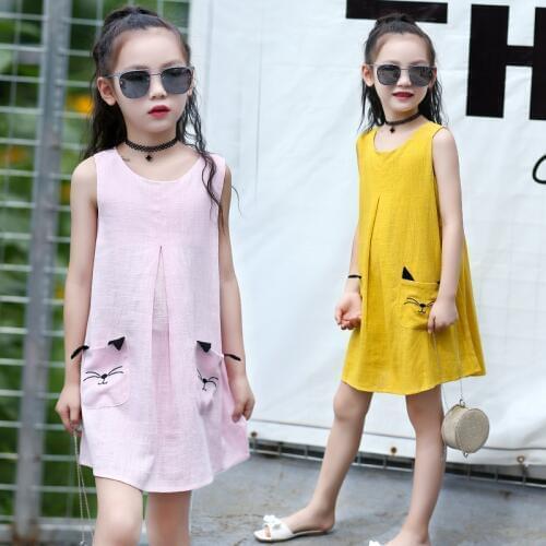 Girls Clothing Summer Girl Dress Sleeveless Children Kids Cherry Dress Round Neck Cotton Dress Girls Vest Dress Children Clothes