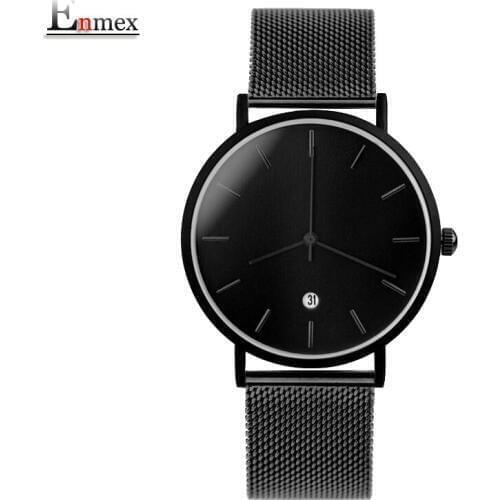 Enmex creative style cool wristwatch cool black charm with calendar casual Stainless steel fashion Stylish clock quartz watch