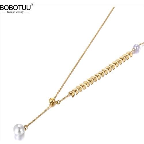 BOBOTUU Trendy Bohemia Stainless Steel White Pearl Choker Necklaces For Women Girls Chic Leaflet Charm Pendant Necklace BN20097