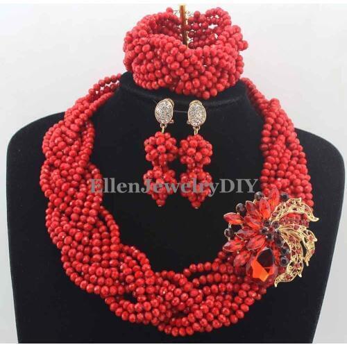 Fashion Opaque Red Women Costume Nigerian wedding bridal necklace jewelry set African crystal Beads Jewelry Set W12954
