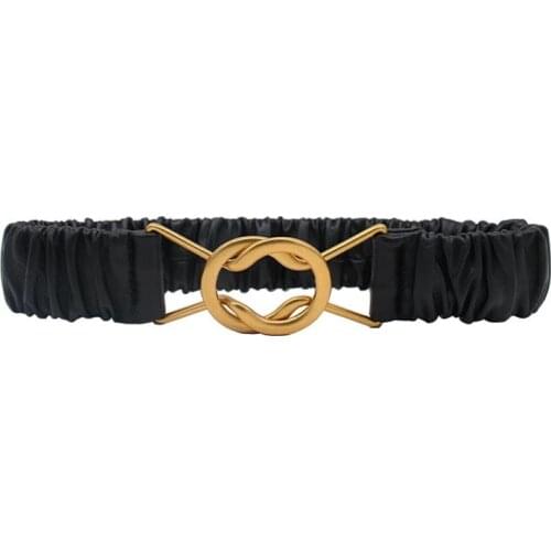 Fashion Lady Design Lambskin Fold Elastic Wide Belt Double-ring Buckle Girdle Retro Black Belt