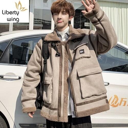 Plus Size 5XL Thicken Suede Cotton Men Japan Style Casual Winter Warm Loose Outerwear College Street Biker Jacket Khaki