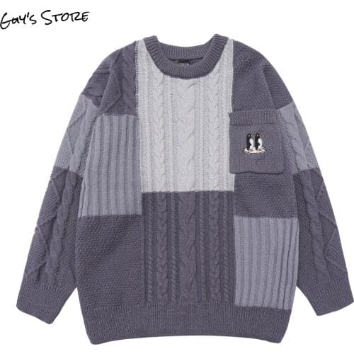 Fall new mens hemp pattern penguin pocket color-blocking sweater, casual loose Harajuku couple round neck knitted sweater