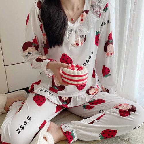 Spring Autumn Casual Homewear Female Pyjamas Polyester Loose Sleepwear Women Full Pajamas Set Long Sleeve Elastic Waist Pijama