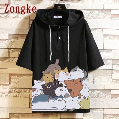 Zongke Cats Print Pullover Hoodie Men Streetwear Korean Style Hoodies Men Pullover Mens Hoodies Vintage Clothes Half Sleeve 2021