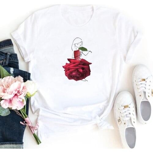 Rose Girl T Shirt Women Short Sleeve Femme T-shirt Anthropomorphic Tee Shirt Femme Cotton Tshirt Women Casual Camiseta Mujer