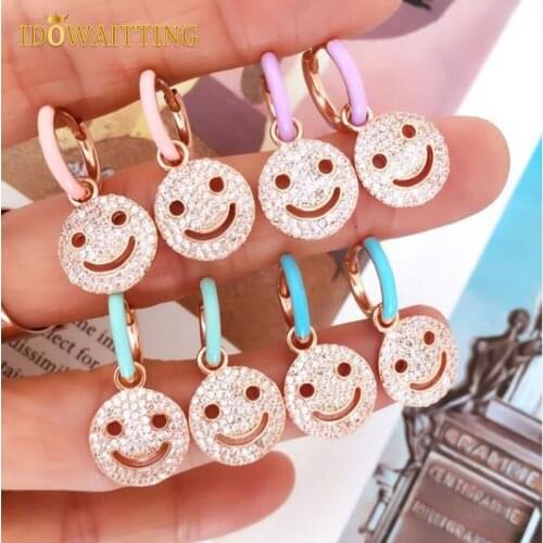 Neon Enamel Colorful Green Blue Purple Huggie Circle Micro Pave 5A CZ Happy Smile Face Charm Rose Gold Hoop Earring For Women