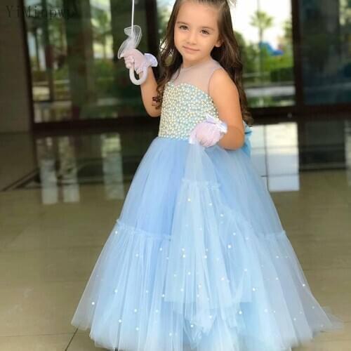 YiMinpwp Light Sky Blue Flower Girl Dresses for Weddings Sheer Neck Floor Length Pearls Beading Child Birthday Party Gowns