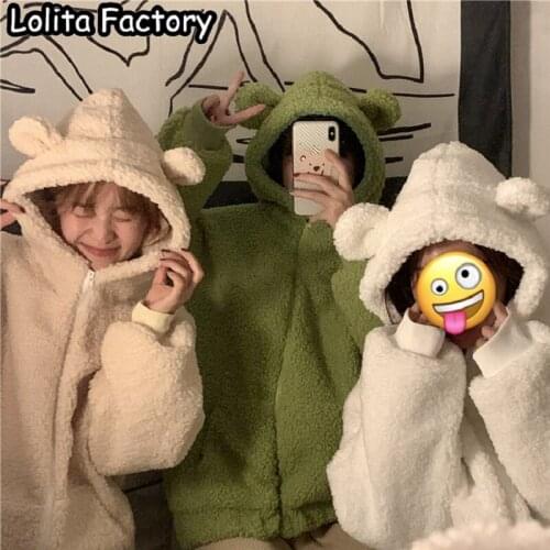 Girls women Preppy Lovely With Bears Ears Solid Teddy Hoodie Pullovers Sweatshirt Autumn Women Campus Casual Sweatshirts coat