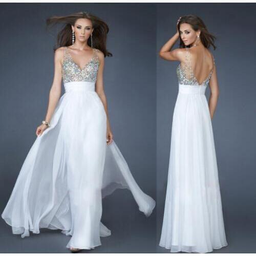 2019 Hot Sale Beading color crystal Evening Dress Chiffon V Neck Prom dress A Line wedding party dress gown party