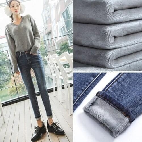 FNOCE 2020 winter new womens jeans pants street fashion casual solid high waist tight stretch plus velvet warm Pencil Pants