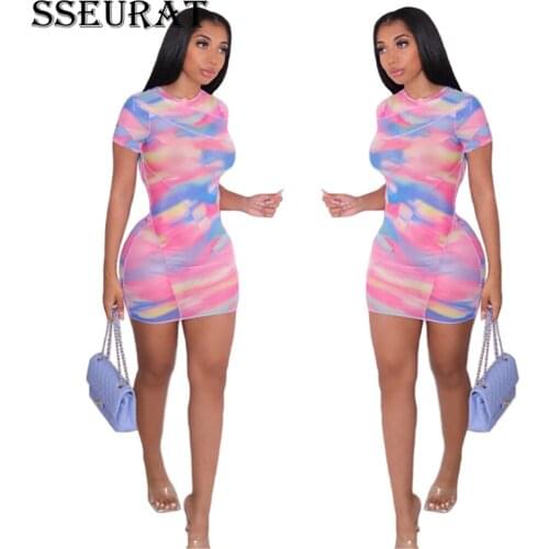 SSEURAT Women Mini Dress Print Short Sleeve O-neck Strechy Bodycon Dresses Office Lady Streetwear Summer 2021