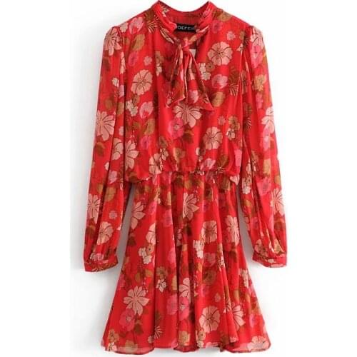 Beach style women chiffon dress 2021 fashion ladies bow collar dresses vintage female print red dress chic girls vestidos