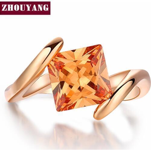 ZHOUYANG Ring For Women 8mm Square Princess cut Orangle Cubic Zirconia Rose Gold Color Fashion Jewelry Austrian Crystals ZYR419