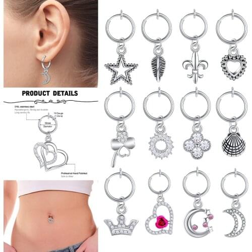 16G Fake Belly Piercing Clip On Fake Belly Rings Non Piercing Navel Ring Pendant Earring Clips Sexy Fashion jewelry Wholesale