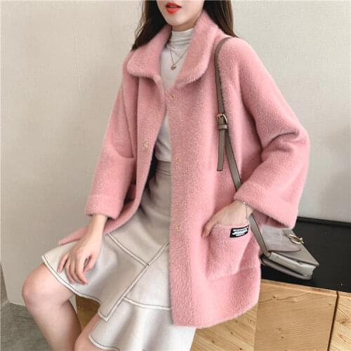 2020 Autumn and Winter Women New Faux Mink Fur Coat Female Loose Thick Warm Fashion Knitted Cardigan Mid Long Regular Coat A112