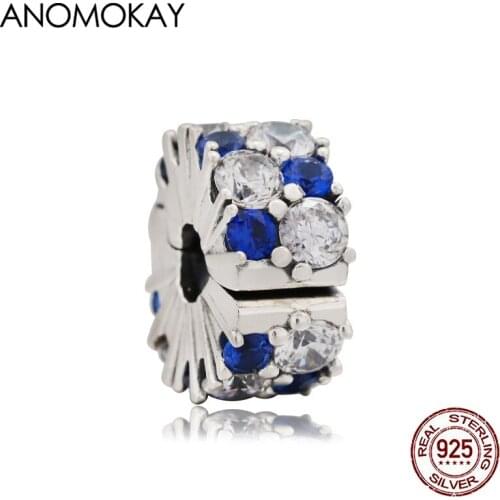 Anomokay Sparkling Dark Blue & White Crystal 925 Silver Locker Stopper Charm for DIY Bracelets & Bangles Accessories