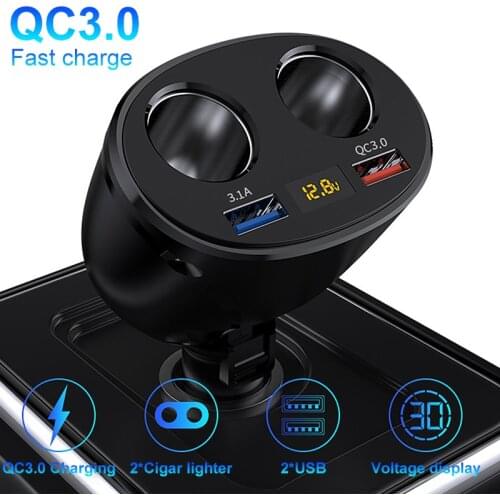 Car Charger USB Cigarette Lighter QC Fast Charging Splitter Cigarette Lighter Charger Adapter Power Socket Digital Voltmeter