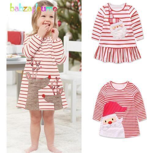 Babzapleume 1-6Years/Christmas Style Toddler Girls Dresses Cute Long Sleeve Cotton Stripe Princess Dress Children Clothes BC1242