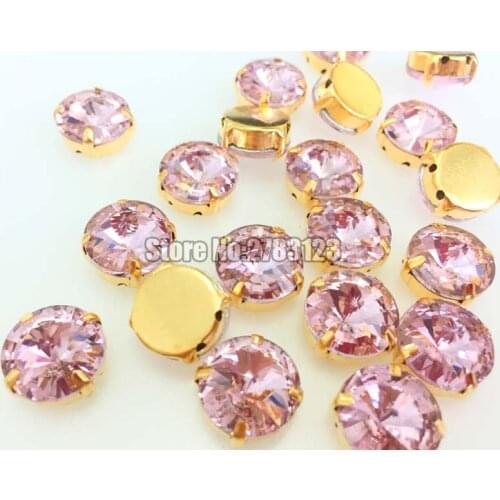 Free shipping!Gold bottom pink round Glass Crystal sew on stones,satellite shape loose claw rhinestones DIY apparel accessories