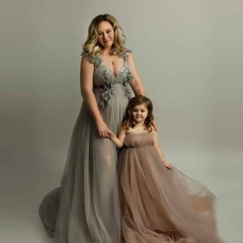 Glitter Lace Maternity Dresses For Photo Shoot V Neck With Straps Beaded Long See Thru Women Pregnancy Dressing Gowns