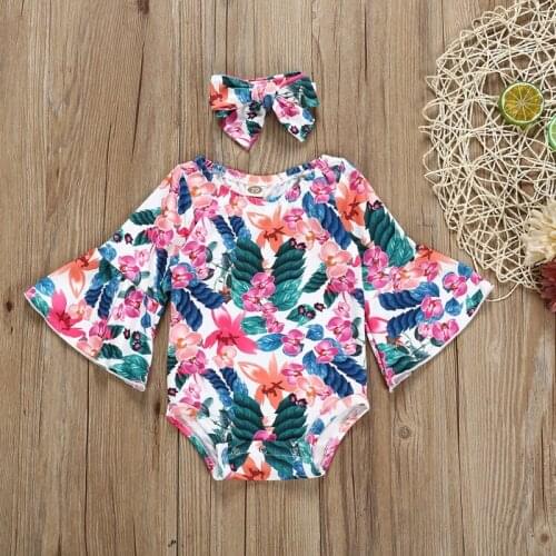 Newborn Baby Girls Bodysuit Flare Sleeve Hair Band 2 Pcs Floral Print Jumpsuit 0-24 Months