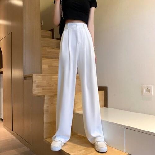 Quality Solid Simple High Waist Straight Pants Woman Leisure Street Elegant Office Lady Elastic Suit Trousers Mujer Wide Leg