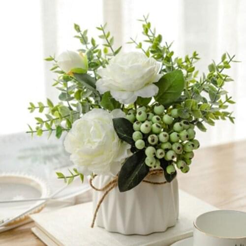 Nordic emulation flower set ceramic hemp rope vase rose emulation plant potted home decoration false flowerpot