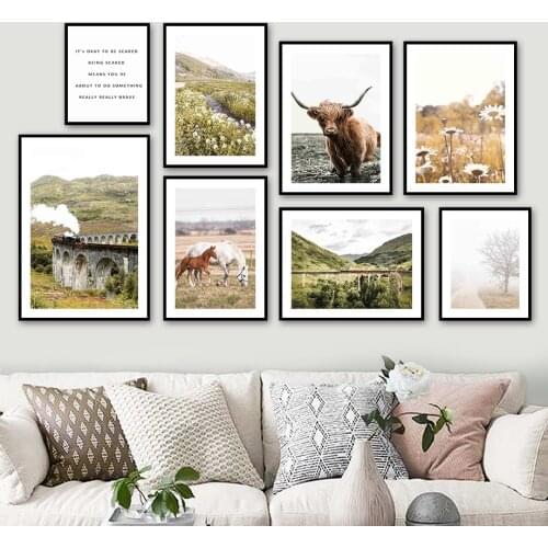 Bridge Horse Cow Train Wildflowers Quote Wall Art Canvas Painting Nordic Posters And Prints Wall Pictures For Living Room Decor