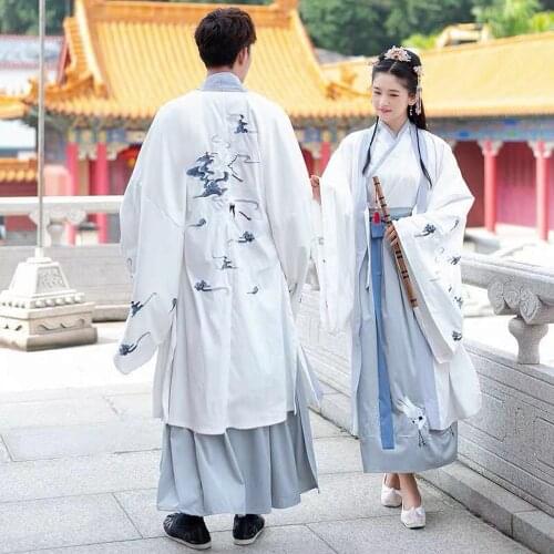 Chinese Ancient Traditional Embroidery Hanfu Men&Women White Jacket Gray Sets Cosplay Costume Hanfu Outfit For Couples Plus Size