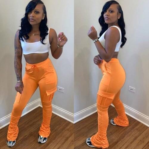 Casual Flare Stacked Leggings with 4 Pockets Women Fashion Candy Color Trousers Sexy Fall Long Pants Cargo Sweatpant Joggers