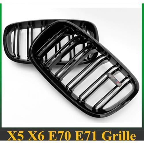 A Pair Left And Right E70 / E71 Gloss Black Double Slat Kidney Grille Front Bumper Grill For BMW X5 X6 2007-2014