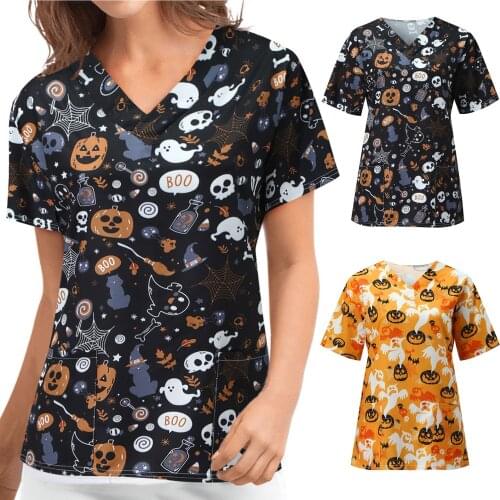 Halloween Medical Uniforms 2021 Women Short Sleeve V-neck Pumpkin Pattern Top Nursing Uniform T-shirts uniforme enfermera mujer