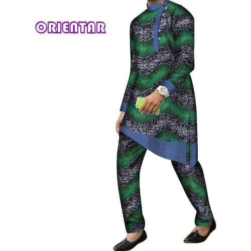 2 Pieces Set Men African Clothes Long Sleeve Shirt and Pants Traditional African Clothing Bazin Riche Dashiki Pants Suit WYN844
