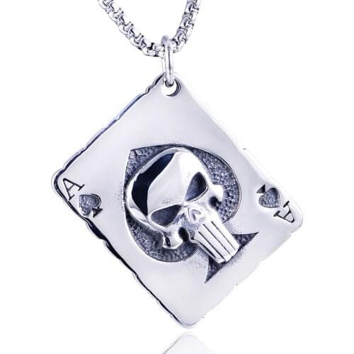 Lucky Skull Ace Of Spades Mens Necklace Poker Pendant for Male Stainless Steel Casino Fortune Playing Cards