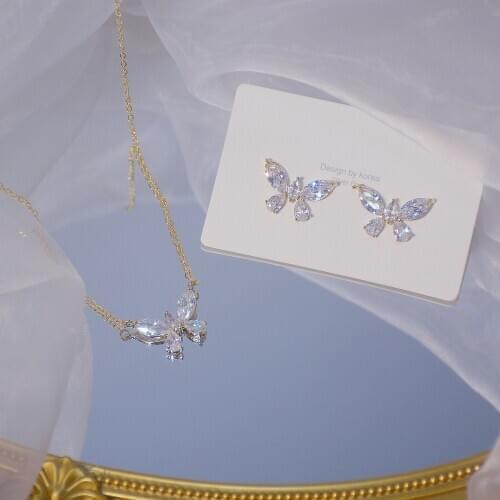 Delicate Jewelry Set Cubic Zircon CZ Butterfly Stud Earrings for Women 14k Gold Plated Earrings Necklaces