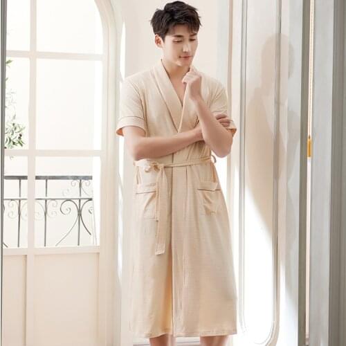 New Fashion Solid Color Bath Robe Summer Thin Knit Cotton Casual Nightgown Long Bathrobe Men Sleepwear Short Sleeve Robes M-3XL