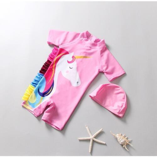 New Summer fashion Pink Unciron swimsuit with hat Girls cute quick dry bathing suit Kids best sell unicorn beach wear YZ19045