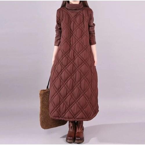 Solid Color Diamond Check Cotton Large WomenS Turtleneck Collar Long Sleeve Thick Long Winter Coat Female Pullover Clothing