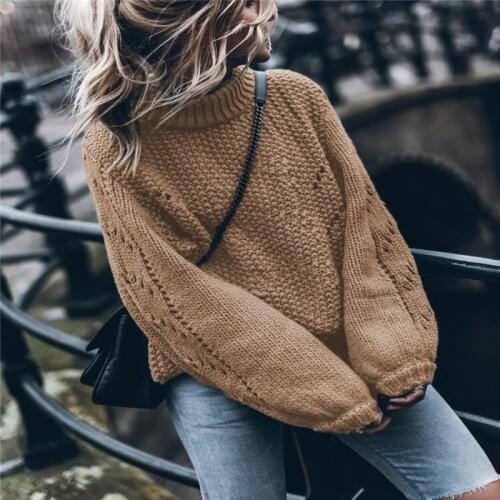 Pure Color Casual Turtleneck Sweater Womens 2021 Winter New Soft Spotted Empty Hole Urban Casual Warm Sweater