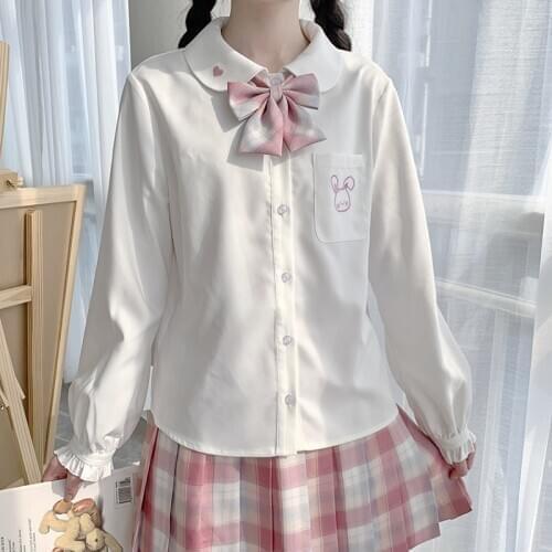 Autumn Lolita Style White Collar Shirt Women Soft Girls Heart Bunny Embroidery Kawaii Fashion Blouse Top Cute Jk School Uniform