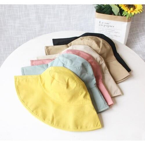 New Plaid Double Side Bucket Hats Spring Summer Solid Sunscreen Big Brim Hat Women Men Outdoor Folding Cap