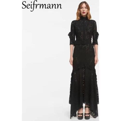 Seifrmann New 2021 Autumn Women Fashion Designer Asymmetrical Dress Short Sleeve Sashes Lace Black Print Slim Dresses Vestidos